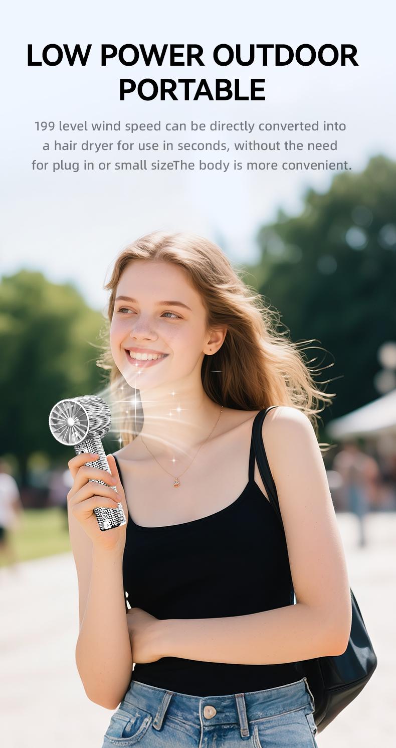 Diamond-Shimmering Luxury Fan-A Portable Handheld Turbo Fan 3 Gear Wind Rechargeable Long Battery Life Hand Fan With Digital Display For Outdoor Activities Travel Office Strong Boosting Output Long Distance Blowing