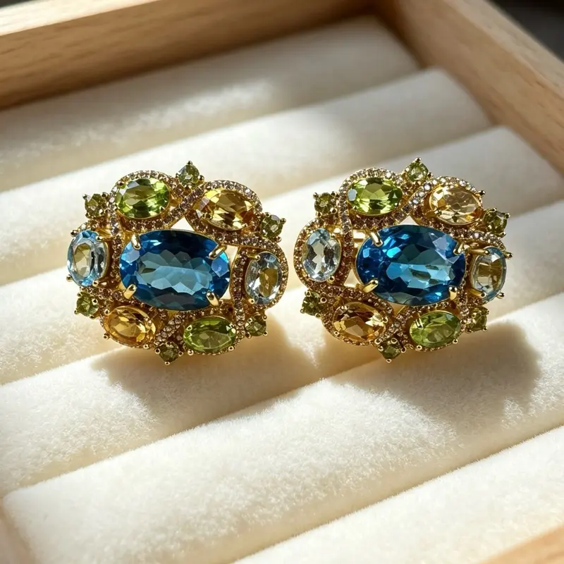 <PingEast Jewelry > Natural multi gem stone -amethyst , topaz , peridot and garnet earrings