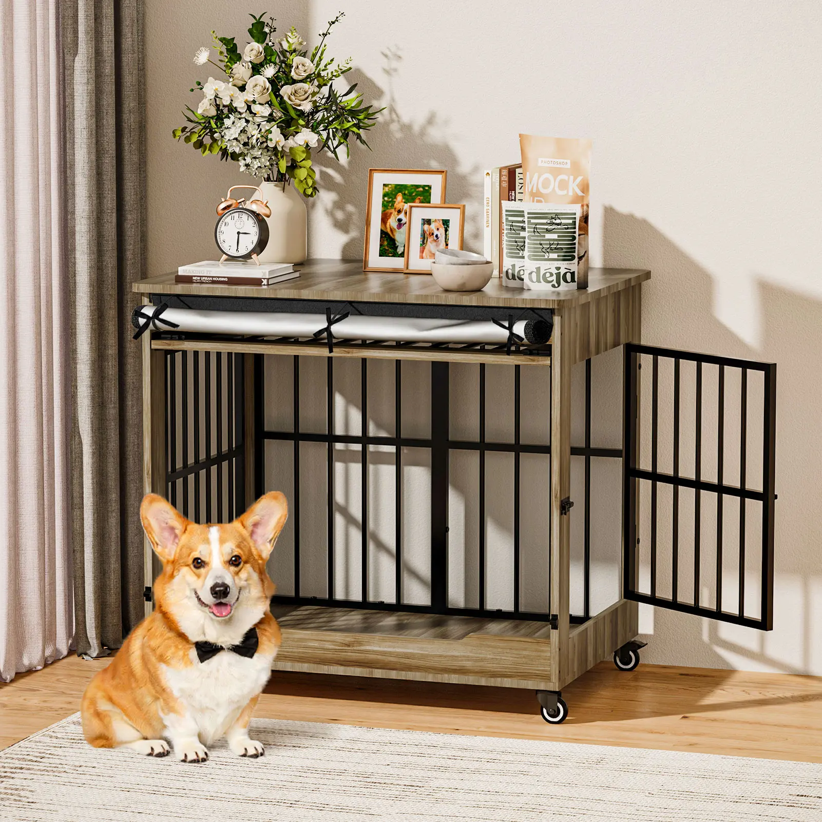 【Summervibes】32" Heavy Duty Wooden Dog Crate Furniture, Indestructible Indoor Dog Kennel with Wheels, Double Door & Lift-and-Push Front Door with Reinforced Steel Bars for Small & Medium Dogs