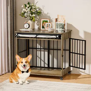 【Summervibes】32" Heavy Duty Wooden Dog Crate Furniture, Indestructible Indoor Dog Kennel with Wheels, Double Door & Lift-and-Push Front Door with Reinforced Steel Bars for Small & Medium Dogs