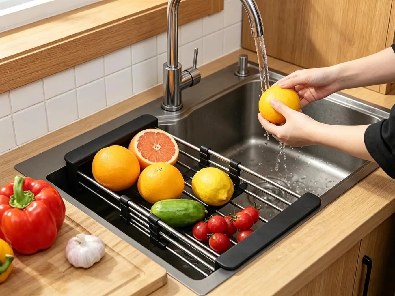 Kitchen Multi-Function Retractable Sink Dish Drying Rack, Stainless Steel Drainer for 10.7"-17" Sinks, Kitchen Countertop Organizer for Dishes, Vegetables, and Fruits