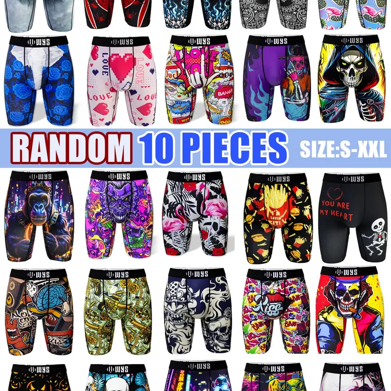 10pcs Men's Long Random Print Briefs, Elastic Sport Underwear, Moisture-Wicking, Breathable, Halloween Print, Comfortable Casual Pants