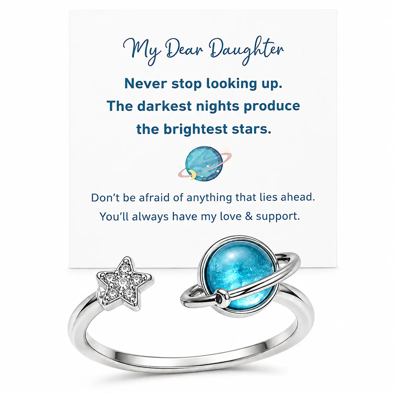 Planet Star Adjustable Ring for Women, Blue Galaxy Saturn Ring with Star Charm, Celestial Space Inspired Jewelry, Minimalist Fashion Ring Gift for Daughter Wife Girlfriend