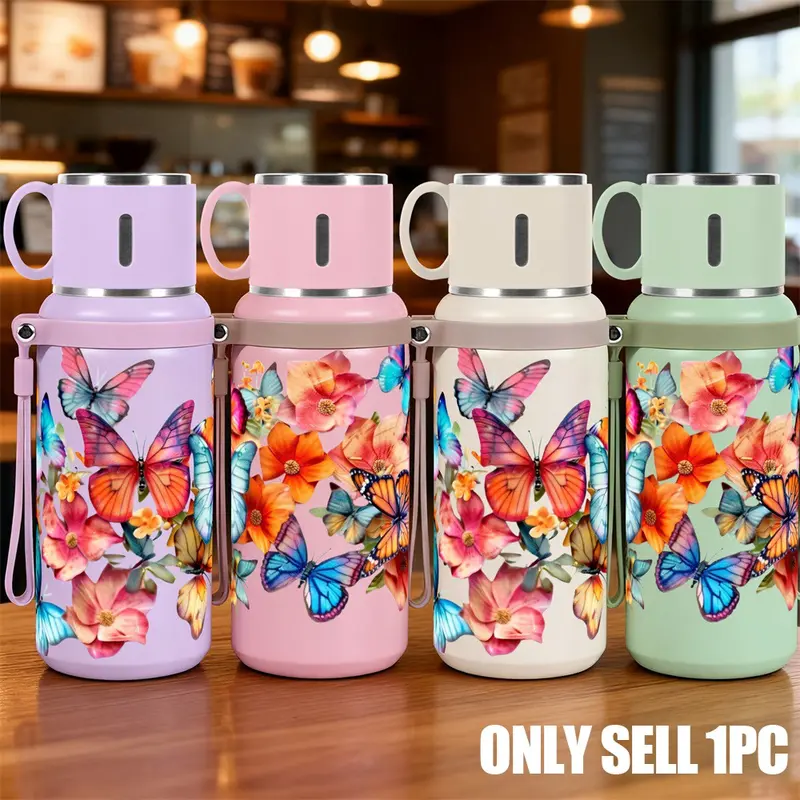 1pc 20oz Stainless Steel Leakproof Tumbler with Colorful Butterfly and Flower Print, Large-Capacity Durable Insulated Drinkware, Ideal for Sports, Fitness, Outdoor Travel and Hiking, Ideal Gift for Friends