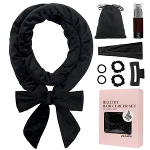 No Heat Curling Rod Headband, Overnight Velour Hair Curls Roller Wrap for Women with Long Hair - Black