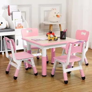 Modern Kids Table and 4 Chair Set,23" Height Adjustable Toddler Table and 4 Chairs with Non-Slip Desk Legs&Organizer Graffiti Desktop,Multi-Function Tables for Kindergarten/Living Room-Pink