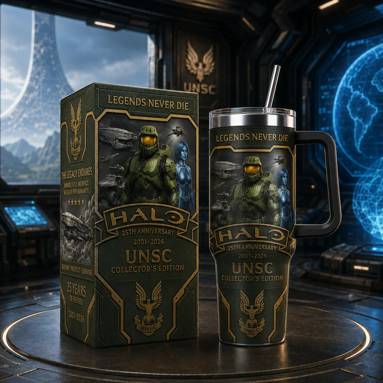 [Collector Edition] Halo 25th Anniversary 40oz Stainless Steel Tumbler with Handle & Straw, Premium Double-Wall Insulated Spartan Gaming Cup, Legendary 2001–2026 Sci-Fi Fan Gift, Leakproof Travel Mug for Gamers and Collectors.
