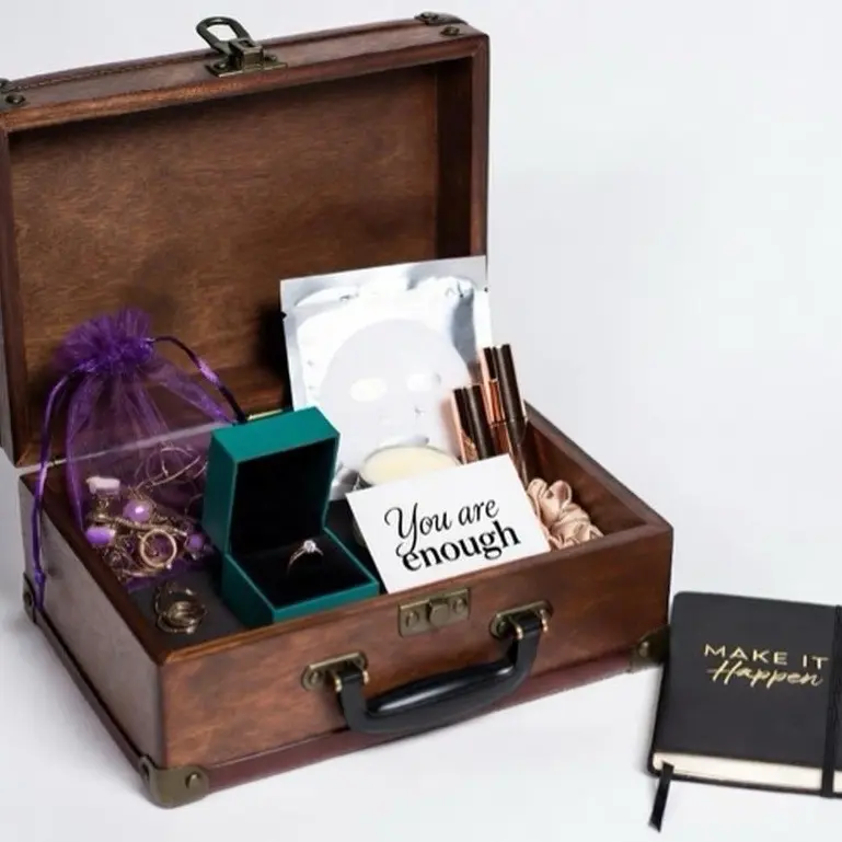 Royal Retreat Box - 7 Gold-Plated & Stainless Steel Jewelry Pieces, Notebook, Affirmation Card, Self-Care Items, Wooden Chest Option, Mystery Gift Set