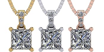 Princess Cut Solitaire Necklace, 4 Prong Sterling Silver w/Pure Brilliance Zirconia, 6.0mm, 7.0mm & 8.0mm