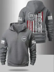 Men's Fall Winter Flag Series Graphic Print Half-Zip Hoodie Garment, Fitted Long Sleeve Sweatshirt with Zipper Design, Casual Fashion Daily Wear, Hooded Zipper Hoodie, Quality Hoodie