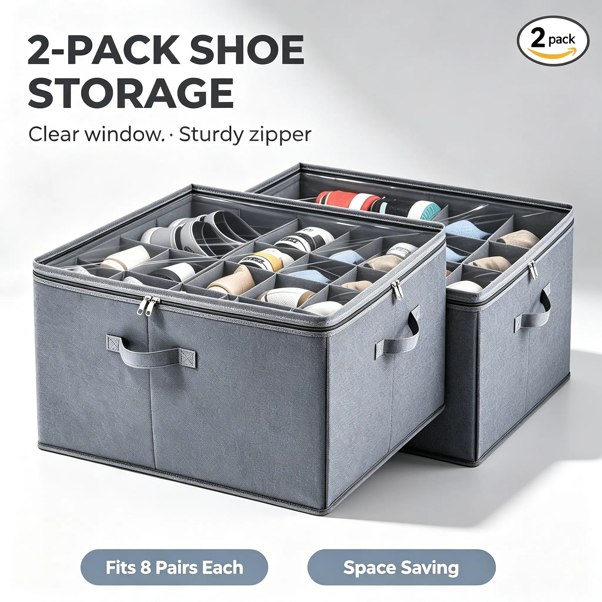 Foldable Large Stackable Shoe Organizer for Closet - Covered, Adjustable Dividers, Space-Saving Storage Container for Sneakers, Boots (White/Grey)