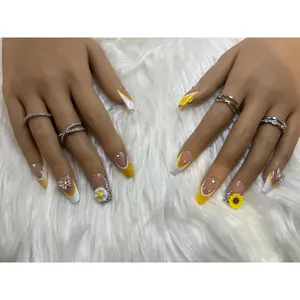 French Tip Sunflower Nail Art | Handmade | False Nails | Nail Art | Custom Nails | DIY Manicure | Rayn Nailz