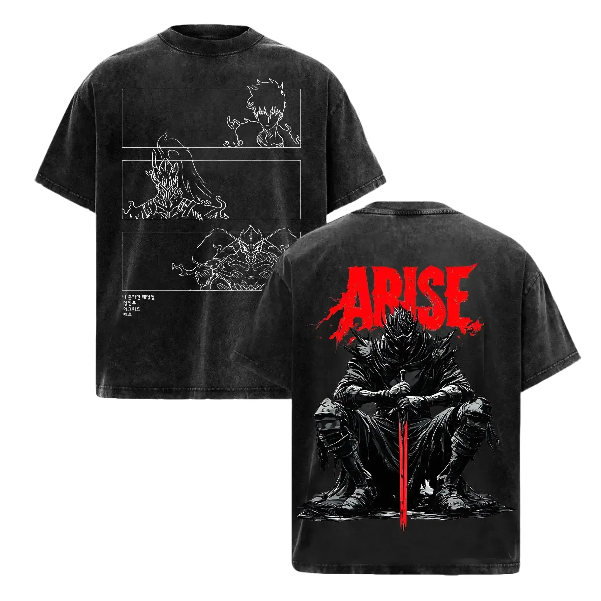 [HM] Men's Oversized Solo Leveling Arise Graphic Tee - Stylish Heavyweight Soft Cotton, Acid Washed Short-Sleeve Round Neck Seamless Casual Top, Mundo Jin-Woo, Universe Anime Fan Merch, Unisex Retro Manga Lover Classic Menswear Gymwear