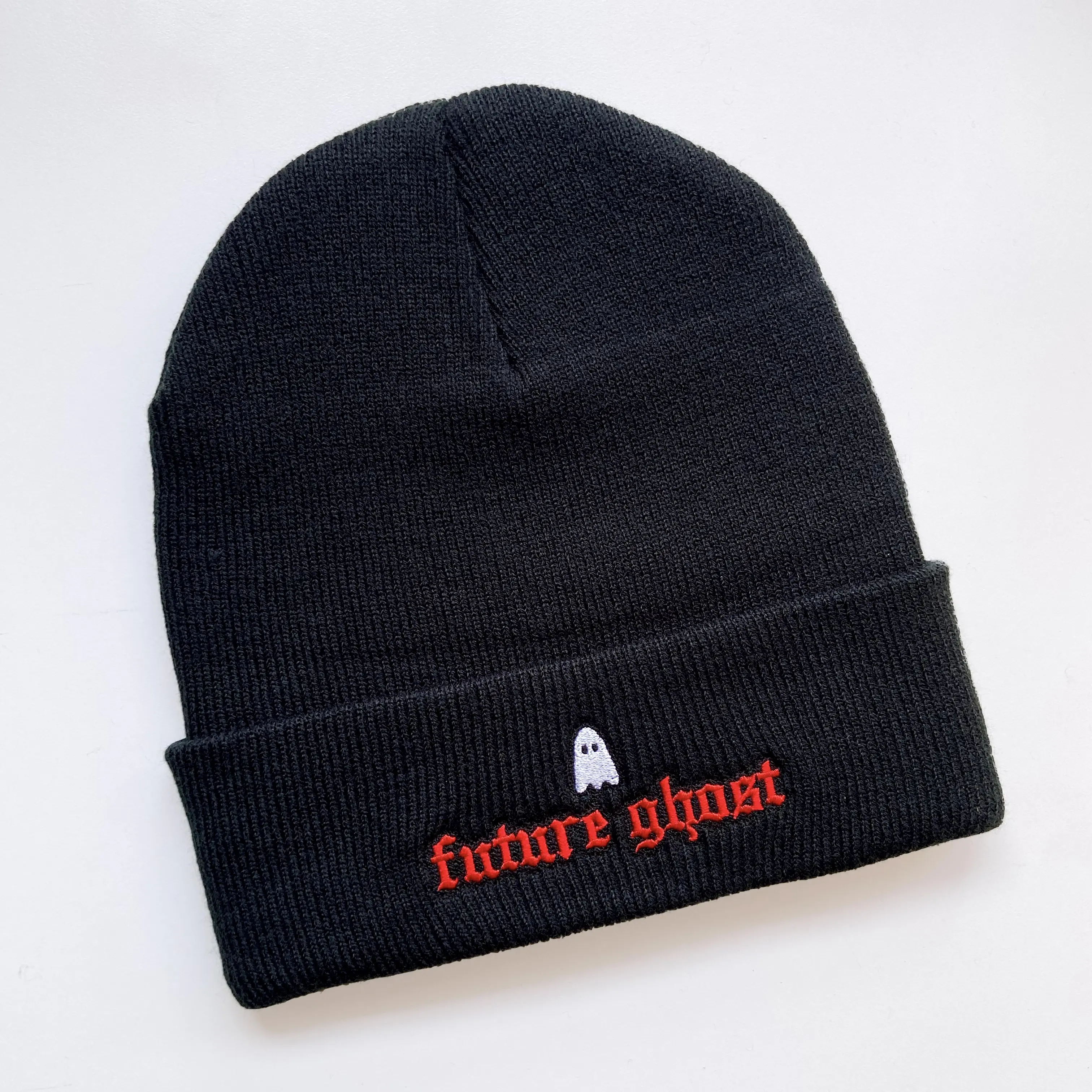 Future Ghost Beanie - Spooky Doodle Club Black Embroidered Beanie - Halloween Beanie for Spooky Season, Fall Grunge Accessory, Horror Goth Grunge