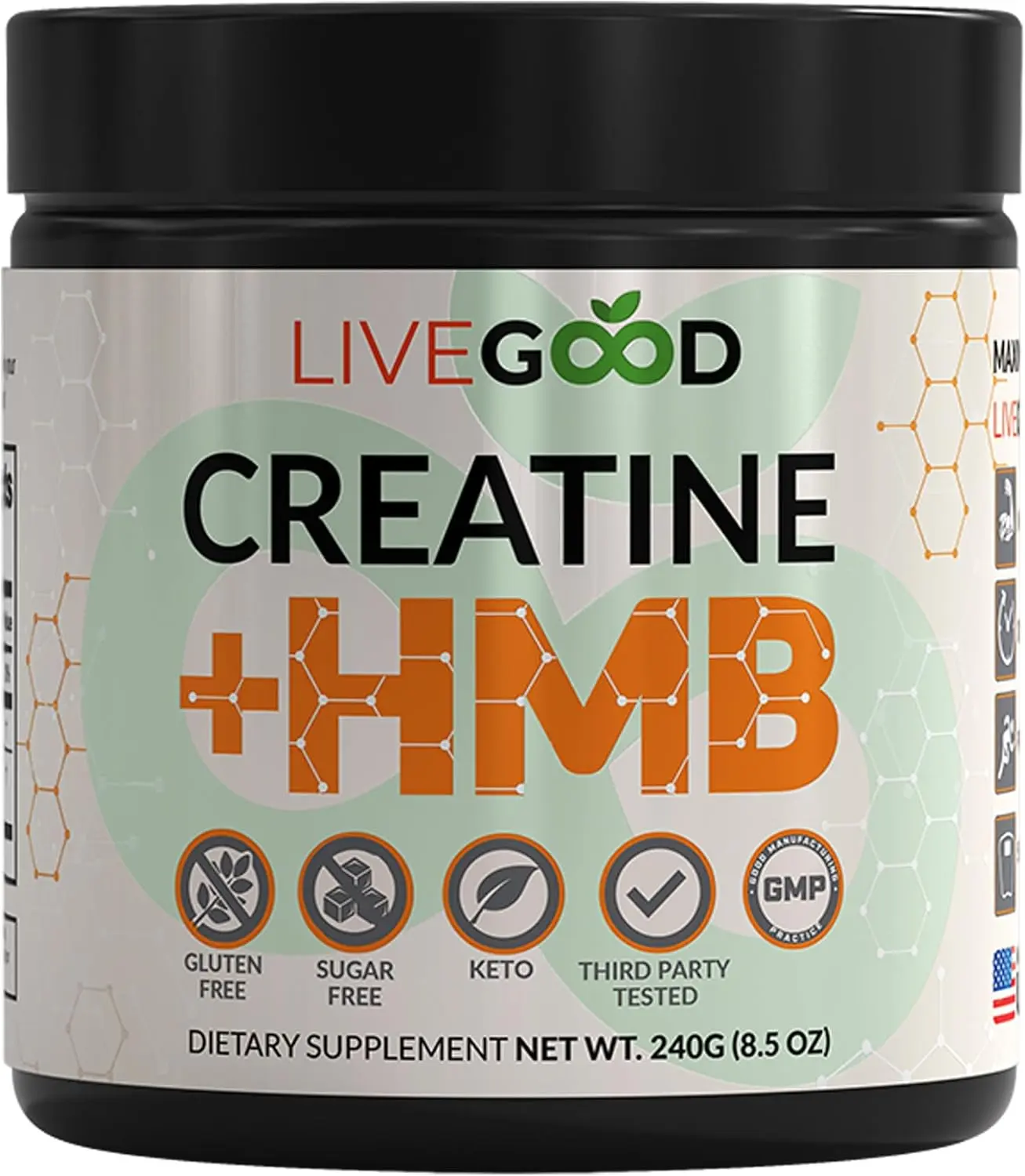 LiveGood Creatine + HMB Powder - Certified Organic, Sugar-Free Unflavored Creatine Monohydrate Dietary Healthcare Supplement, Clean Filler-Free Energy Pre-Workout Amino Acids for Fitness Support, 30 Servings