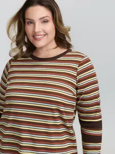 Women's Plus Size Comfortable Striped Color-Contrast Round Neck Top - Soft Casual Style M-6X Fit 2026 Summer Vibes Fit Long Sleeve Swimweek