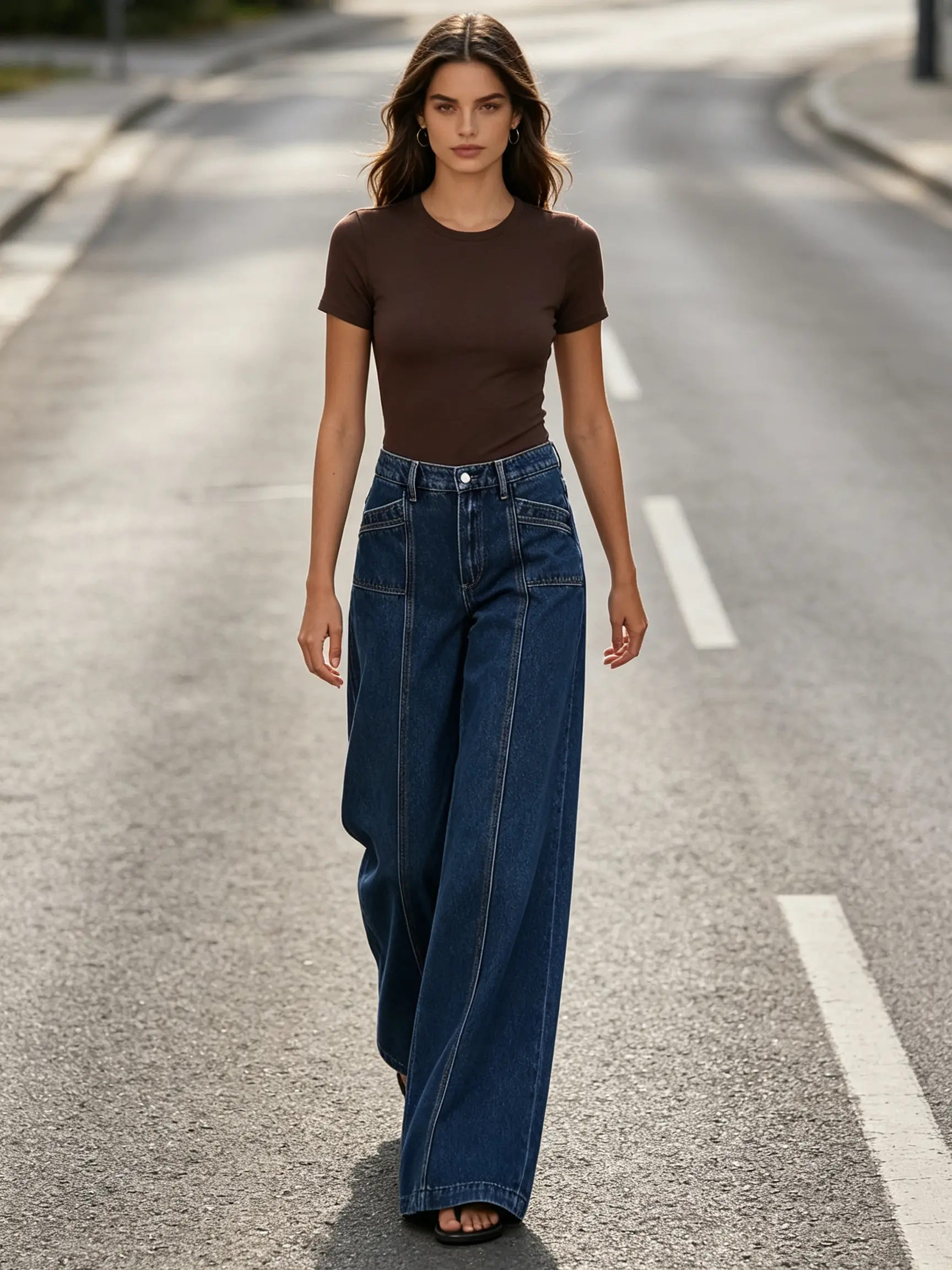 Women's High-Waist Deep Indigo Panel-Stitch Wide-Leg Jeans - 2026 New, Floor-Grazing Hem, Relaxed Fit, Non-Stretch Textured Denim, Womenswear Bottom for Outdoor Highway Shooting & Daily Outfits