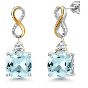Gem Stone King 925 Silver and 10K Yellow Gold Sky Blue Simulated Aquamarine and Moissanite and White Lab Grown Diamond Dangle Earrings for Women | 12.52 Cttw | Gemstone March Birthstone | Cushion 12MM