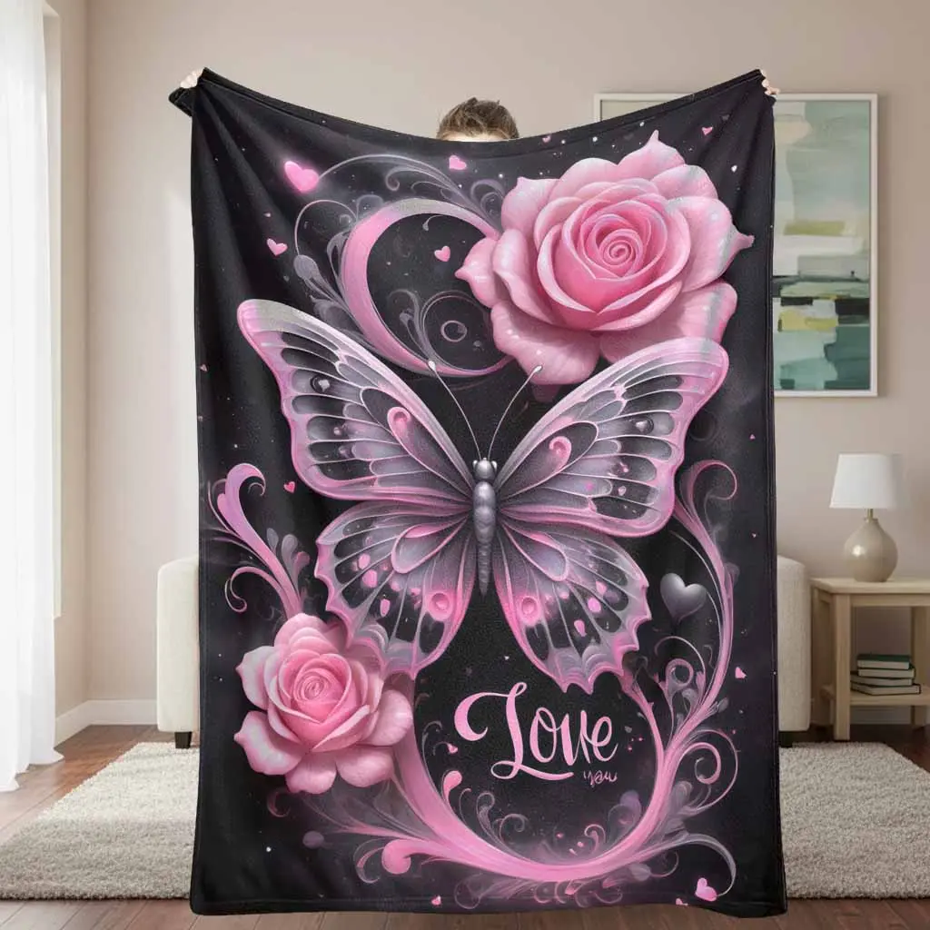 Pink Romantic Butterfly & Rose Plush Decorated Flannel Throw Blanket - Soft Warm Lightweight, Elegant Heart Elements, Colorful Decorative Throws, for Bedroom Sofa, Valentine Gift, Home Decor, Throw Blankets