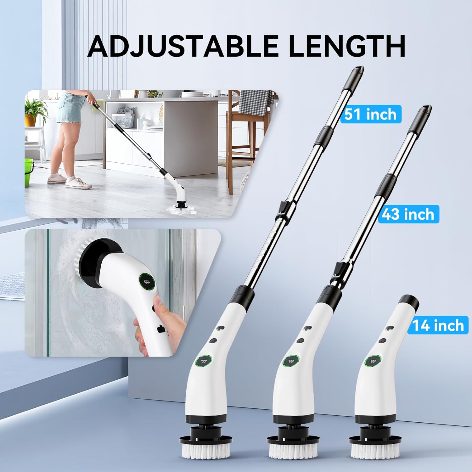 Electric Bathroom Cleaning Brush Cordless Spin Scrubber Full Body Waterproof IPX7 with Adjustable Handle 8 Replaceable Brush Heads for Bathtub Kitchen Window Home SD CTB01