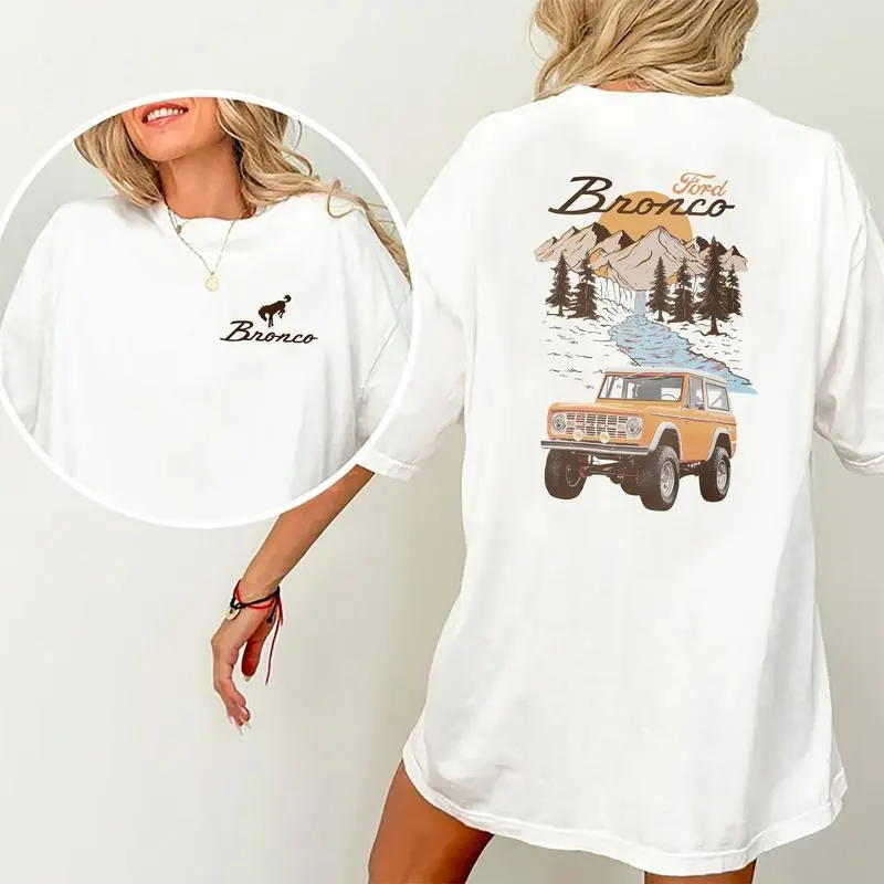 Women's Vintage Retro Ford Bronco Graphic Tee - 2-Sided National Park Car Print, Breathable Cotton, Fitted, Round/Crew Neck, Comfy Casual Graphic Tees Women Top