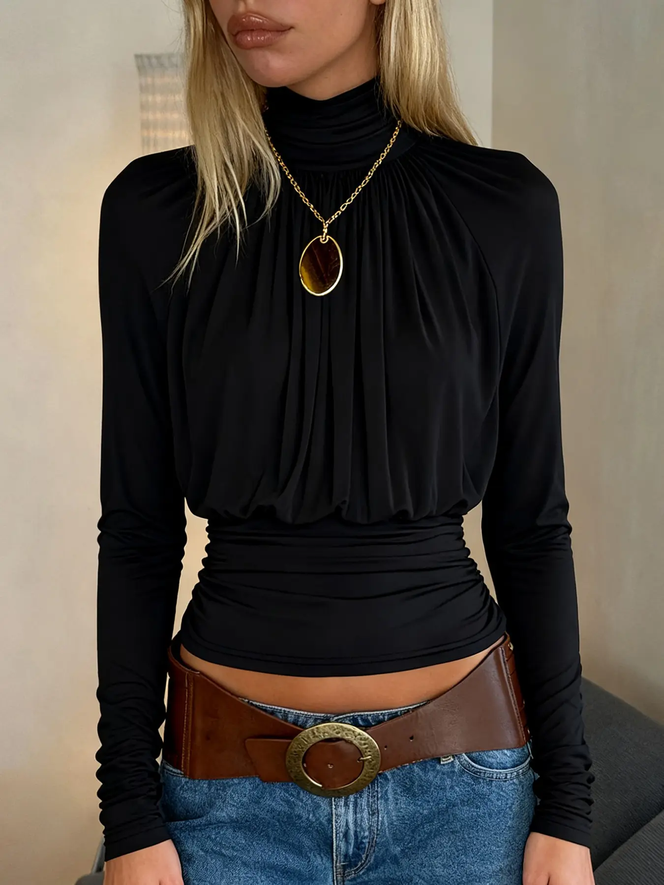 Elegant High Neck Long Sleeve T-Shirt Tops for Women, Pure Color Ruched Design, Waist Cinching Fitted, Spring & Fall Basic Casual Streetwear, Casual Stylish Tee, Womenswear, Lady