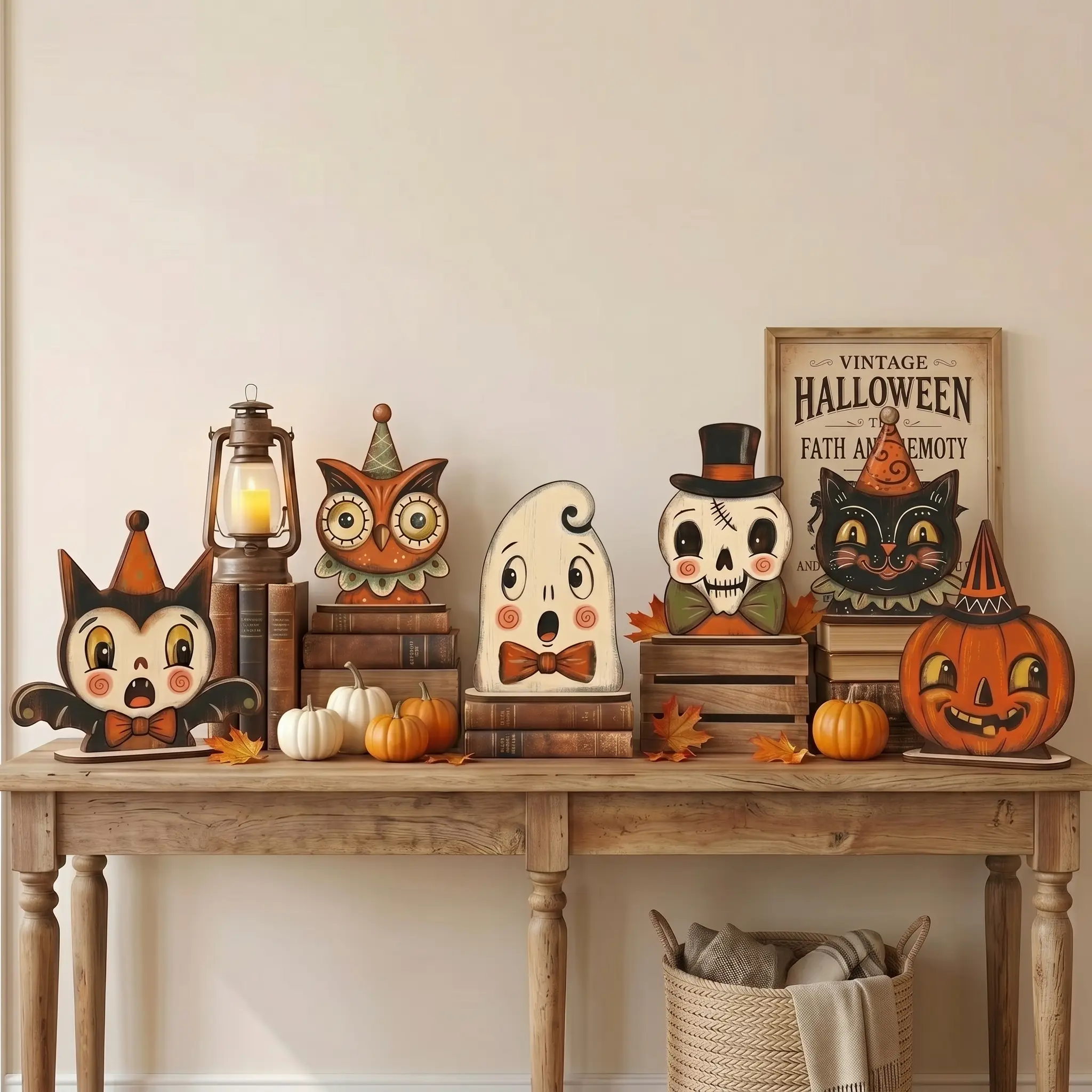 Vintage Halloween Decor Indoor, Retro Wooden Block for Shelf Decor, Cute Ghost, Pumpkin, Black Cat, Skeleton, Witch Owl, Housewarming Gift, Spooky Season 2026