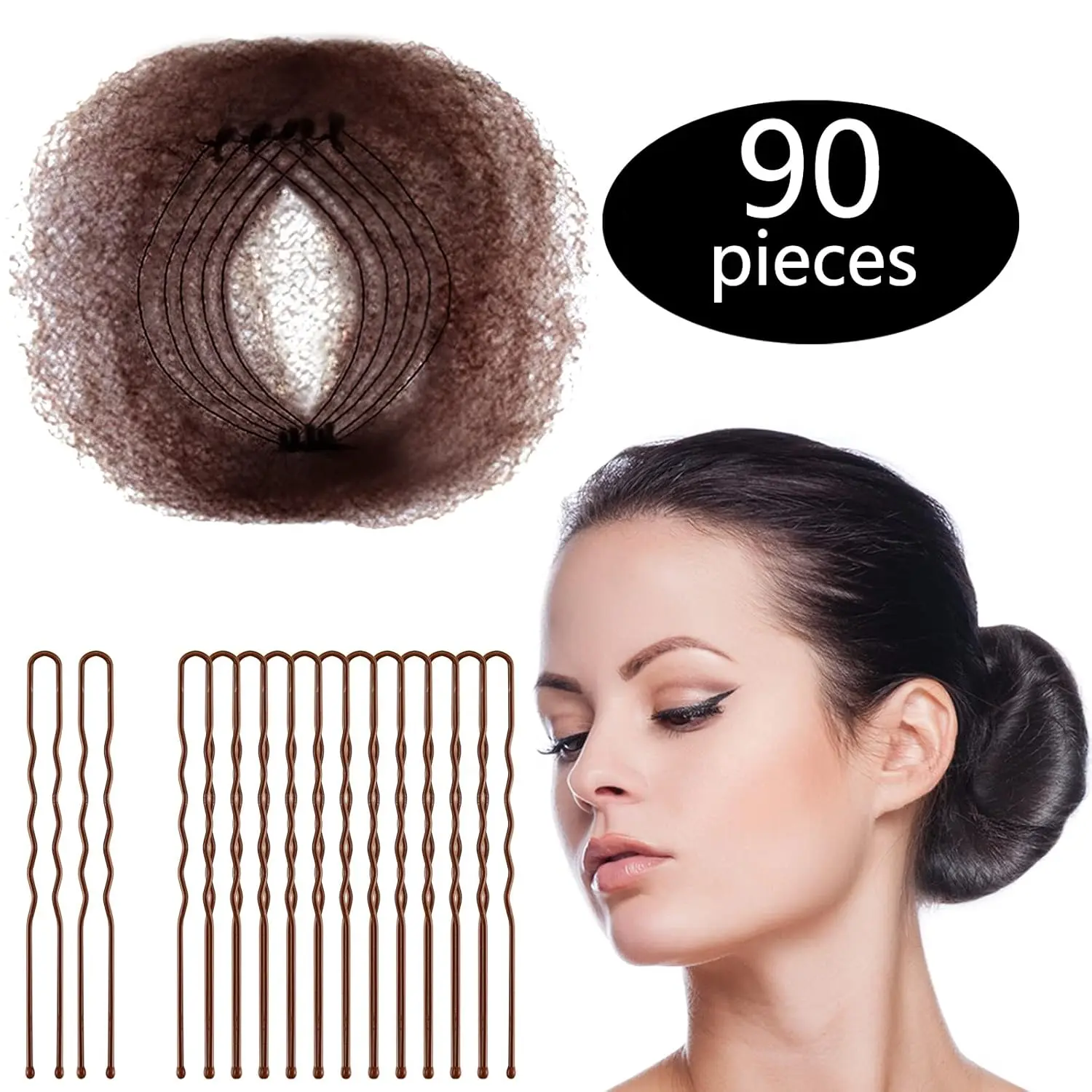 Women's Invisible Lightweight Elastic Edge Mesh Bun Hair Nets (50Pcs, Individual Package) with 40Pcs Brown U-Shaped Pins for Ballet Bun, Sleeping, Wig Use, Haircare