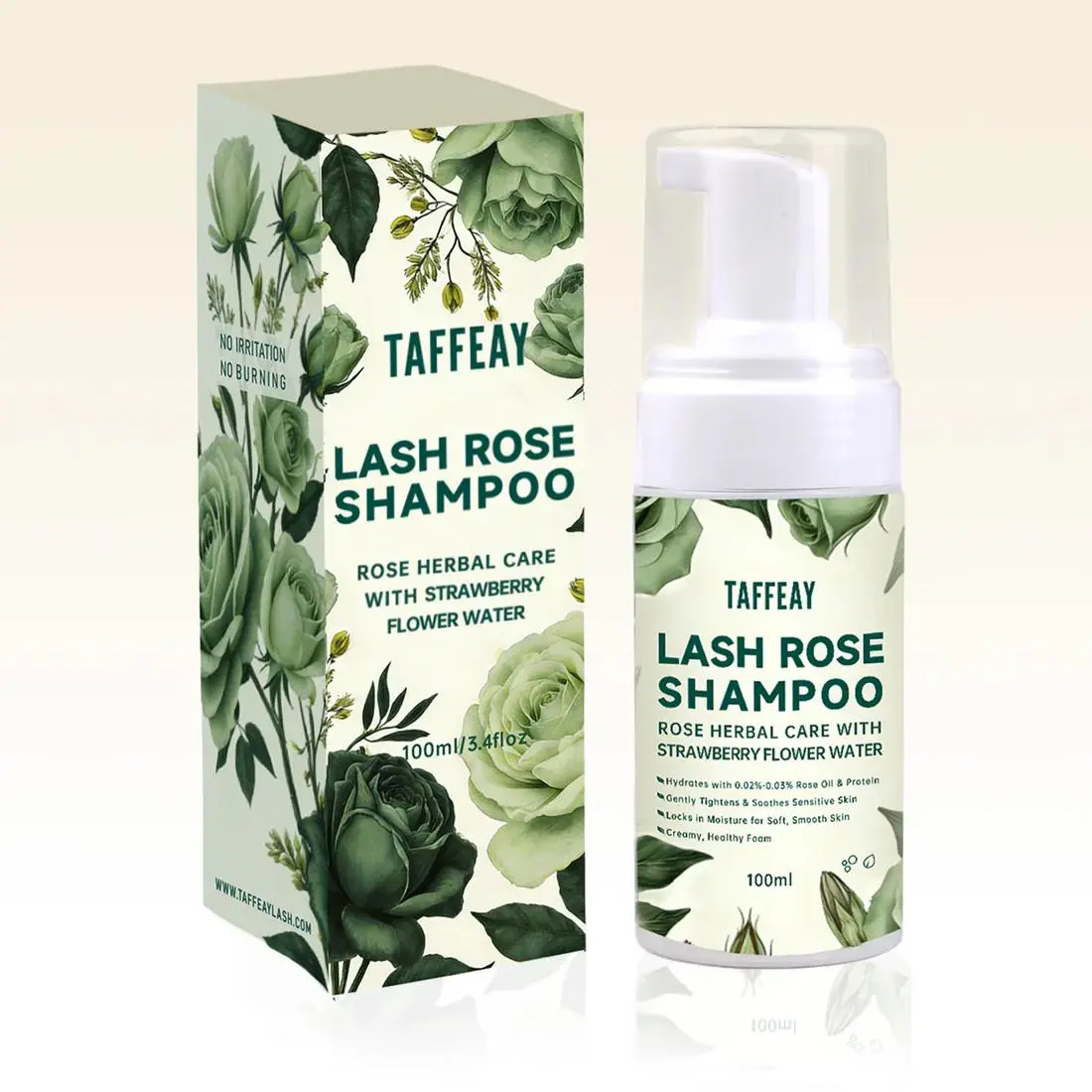 TAFFEAY Rose Lash Shampoo with Strawberry Water & Protein, Gentle Foaming Cleanser for Lash Extensions and Sensitive Skin, 100ml, Foam, Herbal, Moisturizing, Daily, Hydrate, Rose Oil, Lashes Care