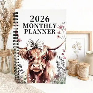 Cute Butterfly Floral Spiral Notebook, 100 Pages Monthly Planner, Girls' Gift, 2026-2028 High Country Cow Design, Organize Your Life