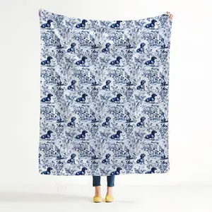 Dachshund Lightweight Throw Blanket - Blue and White Chinoiserie, Vintage French Country Weiner Dog Design, Soft Comfy Couch Bed Decor, Gift for Dachshund Lovers,summervibes