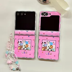 Cartoon Animal Group Photo Pattern Case with Bunny Bracelet Chain Magnetic Axis for Samsung Galaxy Z Flip7 Zflip6 Z Flip5 Cover