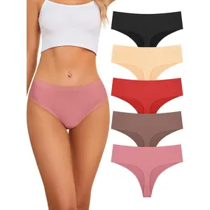 Seamless Women Underwear Thongs,High Waisted No Show Ladies Panties,Breathable Comfortable Hi Rise Cut Undies,5-Pack