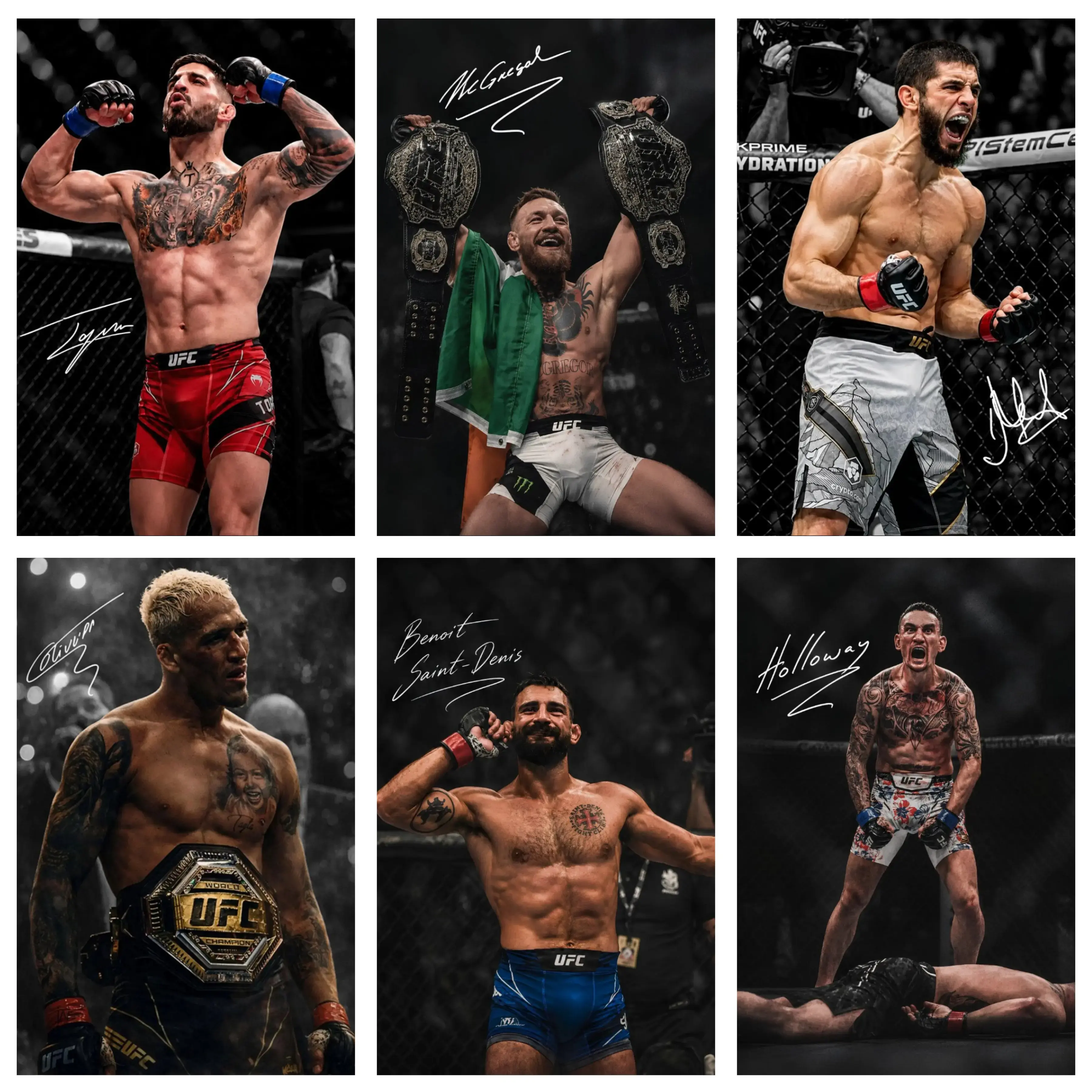 UFC Legends Canvas Wall Art Set - Signed Photo Prints of Conor McGregor, Ilia Topuria, Makhachev, Charles Oliveira, Benoit Saint-Denis, Max Holloway - Framed-A MMA Decoration for Fight Sports Fans’ Room Gift (Home Decor Artwork)