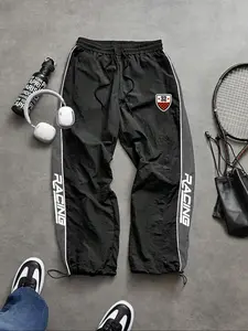 Men's Loose Fit Sportswear Pants, Lightweight Quick-Dry Breathable Fabric, Anti-Fray Durable, Colorblock Letter Print, Drawstring Waist