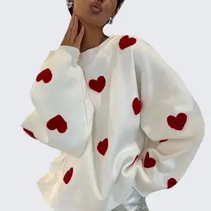 【Clearance Sale】VCPOD Women's Heart Print Drop Shoulder Sweater Crew Neck Soft Knitted Pullover Loose Fit Jumper Tops Baggy Casual Long Sleeve Knitwear Womenswear Winter Comfort Knitting Fitted