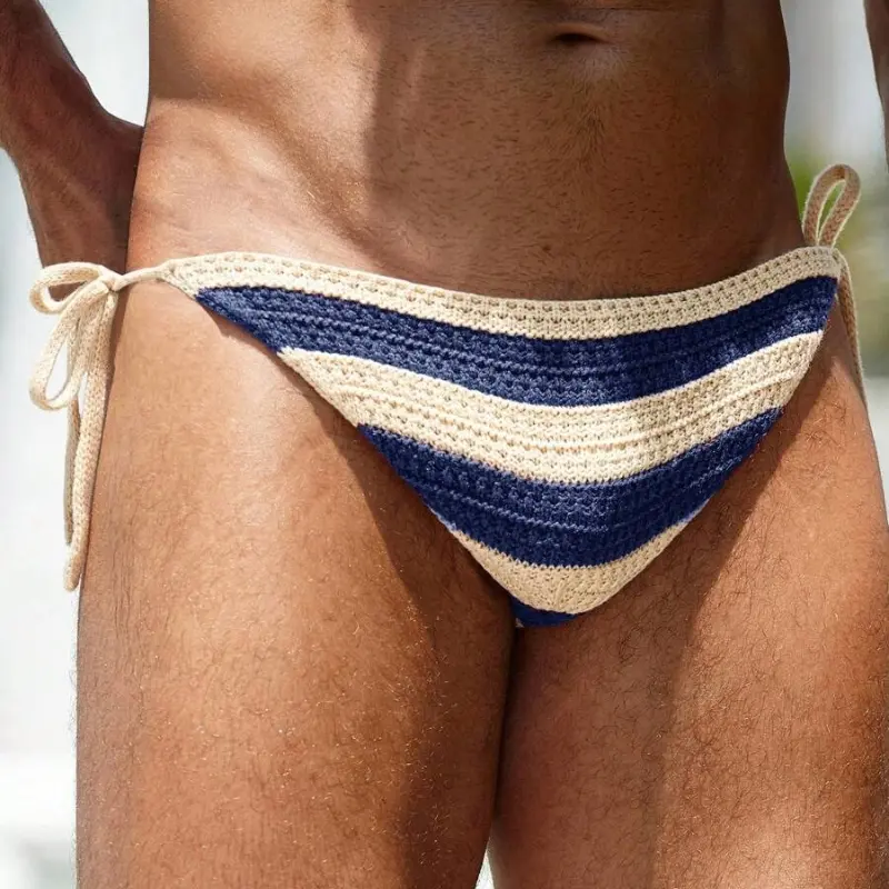 Zaitun Menswear Stylish Acrylic Knit Brief for Men, Contrast-Color Side-Tie Fashion Apparel Outfits Underwear, Contrast Hues, Softness