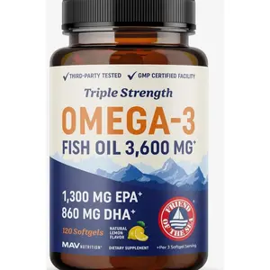 Triple Strength DHA Omega 3 Fish Oil 3600 mg | Over 2100mg Omega-3 Fatty Acids with 860mg of DHA | 1300mg EPA | Best Essential Fatty Acids | Premium Wild Caught & Burpless Fish Oil | 120 ct.