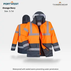 Portwest ANSI Certified Hi-Vis Winter Traffic Jacket - Orange/Navy, S-7XL, 300D Polyester, 4 Pockets, UPF 40+ UV Blocking, Wind-Resistant, Cold-Proof