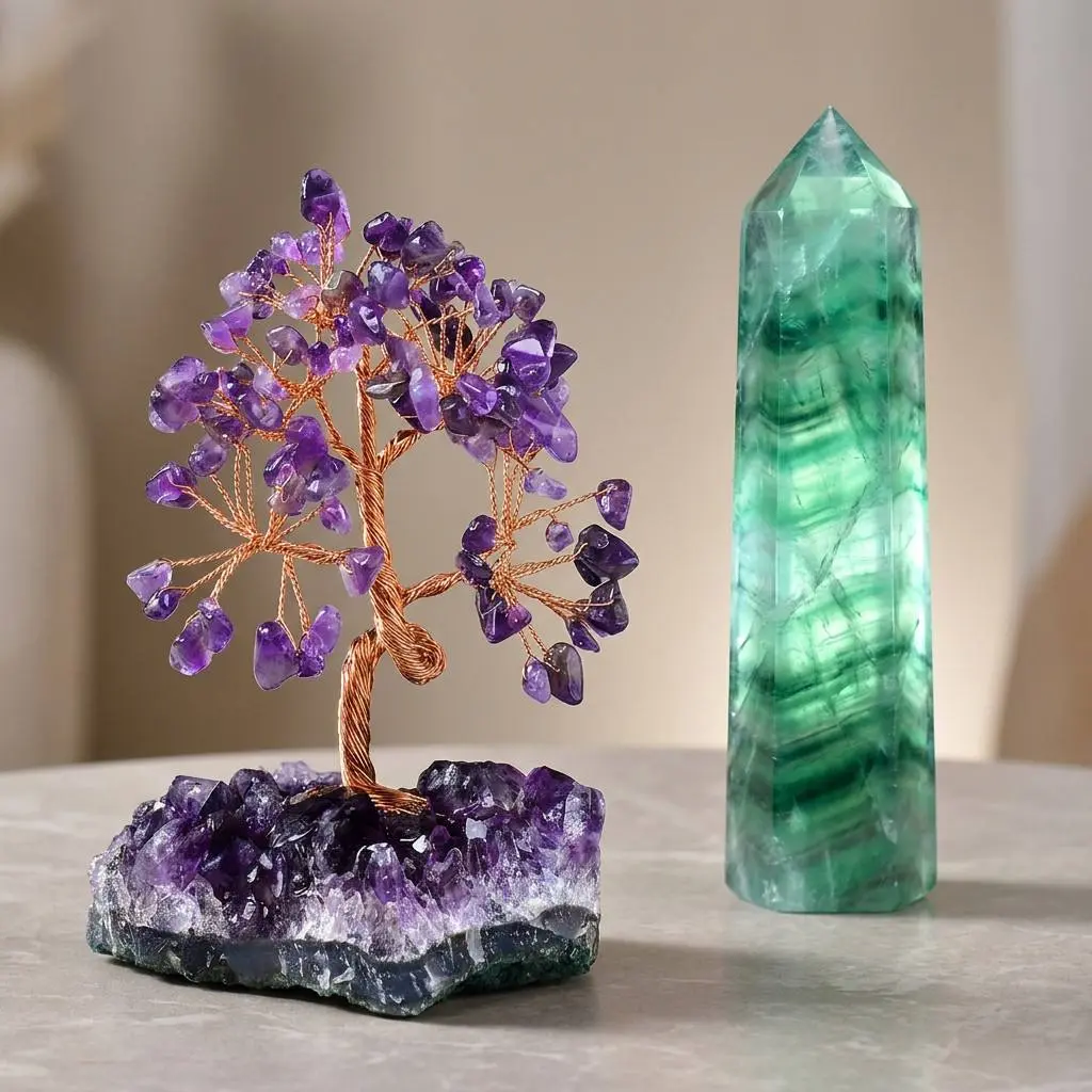 2Pcs Natural Amethyst Crystal Bonsai Tree Cluster Base & Green Fluorite Tower Obelisk Set 6"-7.9" Big Pillar Translucent Forest Green Figurine Statue Home Office Desktop Shelf Living Room Decor Birthday Housewarming Gift Idea Collectors Stone Decoration