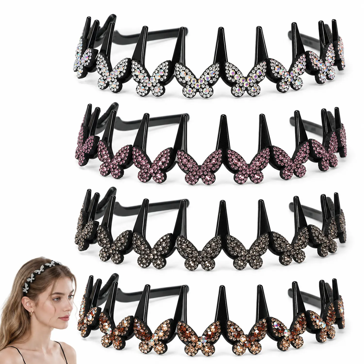 4PCS Wavy Rhinestone Headband Set for Women, Butterfly Non Slip Metal Hair Bands, Sparkly Fashion Hair Accessories