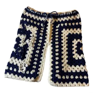 Crochet Men Shorts - Navy Blue and Beige Geometric Patterned Knitted Bottoms for Men Menswear Fashion