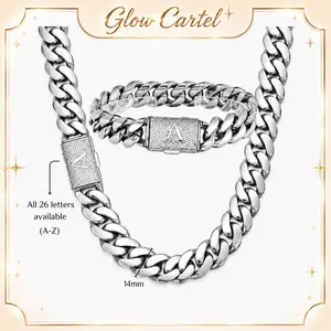 Silver Stainless Steel Miami Cuban Chain & Bracelet Set, 14MM Thick Cuban Link Jewelry with A-Z CZ Initial Clasp - Men's Accessories, Beach Essentials, Chains for Men, Hip Hop Gothic Street Style, Personalized   Festive  Luxury  Layered Cross Necklace