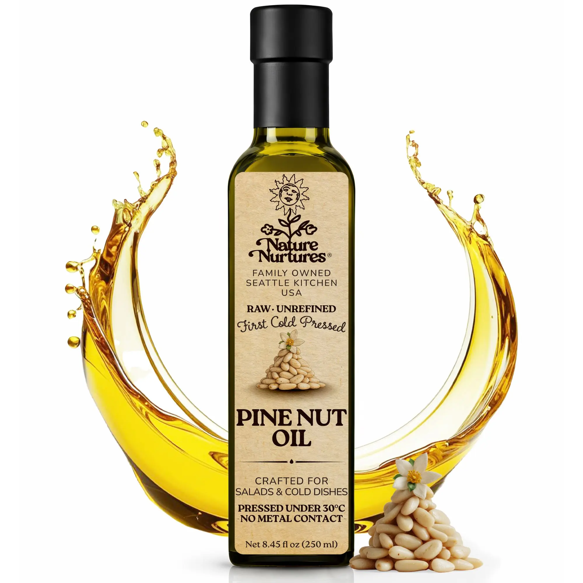 Pine Nut Oil for Cooking and Drizzling · Raw · Unrefined · First Cold-Pressed at Temperatures Below 30°C · Pressed Only Once · Without Metal or Wood Contact · Small Batch · Handcrafted in Seattle USA · 100% Pure & Natural · Also Loved for Skin and Hair