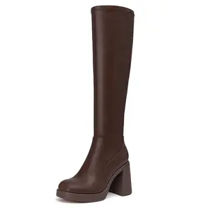 Knee High Boots for Women Square Toe Platform Chunky Heel Stretchy Tall Boots with Side Zipper