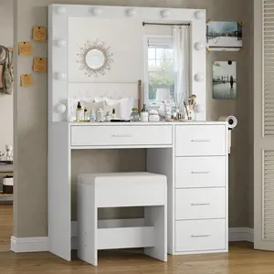 37"W 5 Drawers Vanity Desk with Power Outlet, 3 Color Lighting Modes, Makeup Table with Lighted Mirror, Vanity Dressing Table Set Modern SummerVibe