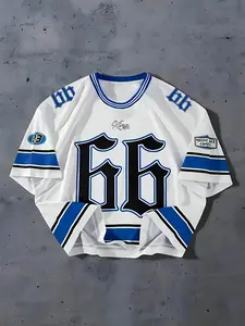 Men's #66 3D Printed Hockey Jersey - White with Blue Accessories, Short Sleeves, Crew Neck, Polyester, Athletic Sports Clothing, Casual Sports Shirt for Fans and Players, Athletic Apparel