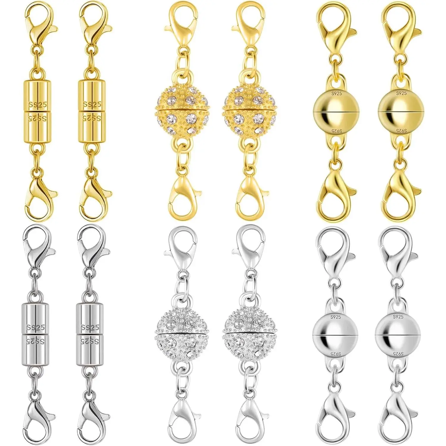 12pcs Golden-Silvery Magnetic Jewelry Clasps - Crystal Beaded Ball Connectors with Lobster Clasps, Easy-Use Closures for DIY Beading, Jewelry Making