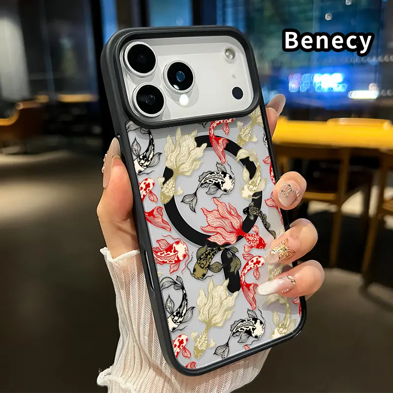 Magnetic Phone Case for iPhone 17 Pro Max 16 Plus 15 14 13 12 11 Air E Koi fish symphony Pattern Acrylic Transparent Anti-Scratch wireless charging compatible Phone Back Cover