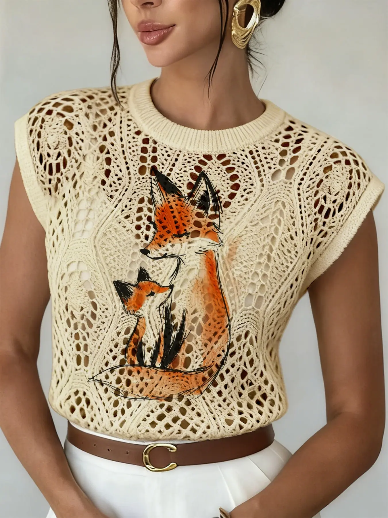 Women's Vintage Fox Animal Print Round Neck Sweater, Casual Loose-Fitting Knit Top, Breathable Summer Fashion, Hollow Design